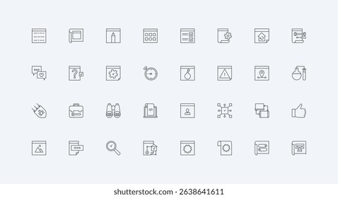 Browser window with gear alert signs, programs to develop and rebuild webpage thin black outline symbols vector illustration. Web development, software coding, algorithms line icon set