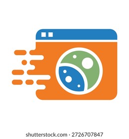Browser window with green and blue circular graphic moving fast to the left side icon