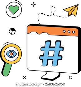 Ventana del navegador con hashtag y corazón en un estilo de Vector plano limpio. Transmite el análisis de redes sociales y el icono de compromiso. Optimizado para Web, App, diapositivas y recursos de marketing.
