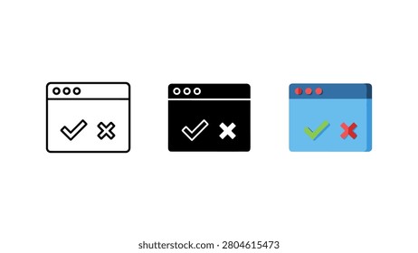 Browser window icon with check mark and cross symbol decision internet software interface validation computer