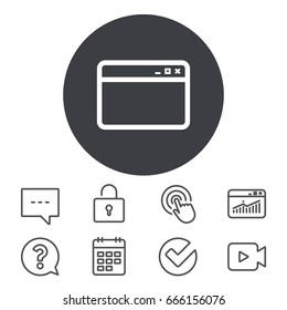 Browser window icon. Internet page symbol. Website empty template sign. Calendar, Locker and Speech bubble line signs. Video camera, Statistics and Question icons. Vector