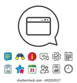Browser window icon. Internet page symbol. Website empty template sign. Information, Report and Calendar signs. Group, Service and Chat line icons. Vector