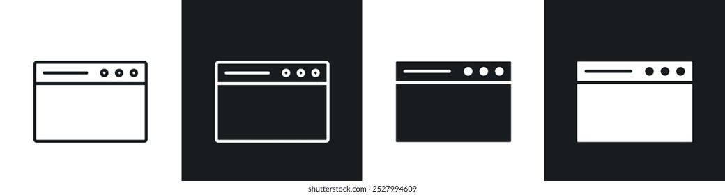 Browser window icon vector icon set black filled and outlined style.