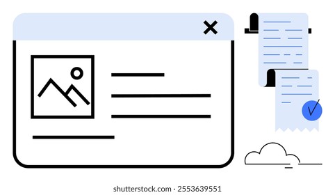 Browser window with an image placeholder, text lines and a scroll document on the right with a cloud underneath. Ideal for web design, digital content, online articles, document management