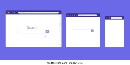 Browser window isolated on purple background. Modern browser mockup for computer, tablet and smartphone. Vector illustration.