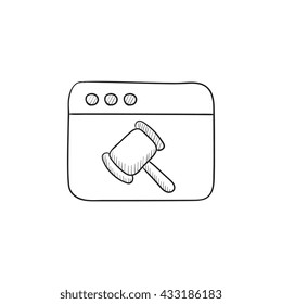 Ventana del navegador con el icono de esbozo del vector del martillo de juez aislado en el fondo. Ventana del navegador dibujada a mano con el icono del martillo del juez. Ventana del navegador con un icono de esbozo de martillo para infografía, sitio web o aplicación.