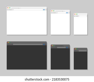 Browser window for laptop, mobile and tablet. Web mockup with menu and interface. Templates for internet, website and webpage. Dark and white screen on desktop. Vector.