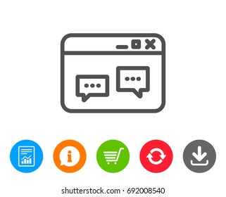 Browser Window line icon. Chat speech bubbles sign. Internet page symbol. Report, Information and Refresh line signs. Shopping cart and Download icons. Editable stroke. Vector