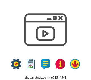 Browser Window line icon. Video content sign. Internet page symbol. Report, Service and Information line signs. Download, Speech bubble icons. Editable stroke. Vector