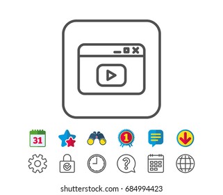 Browser Window line icon. Video content sign. Internet page symbol. Calendar, Globe and Chat line signs. Binoculars, Award and Download icons. Editable stroke. Vector