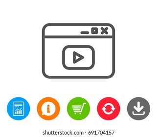 Browser Window line icon. Video content sign. Internet page symbol. Report, Information and Refresh line signs. Shopping cart and Download icons. Editable stroke. Vector