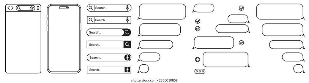 Browser window in line style, smartphone, blank web page, search bar in internet, line template mockup, linear model mobile phone, set message icons, dialogue, social network chatting window