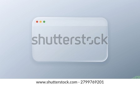 Browser window with liquid glass morphism effect. Minimalist interface element with frosted translucent panel. Floating UI design for web development, digital app and software technology.