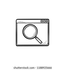 Browser window with magnifying glass hand drawn outline doodle icon. Search browser and research concept. Vector sketch illustration for print, web, mobile and infographics on white background.