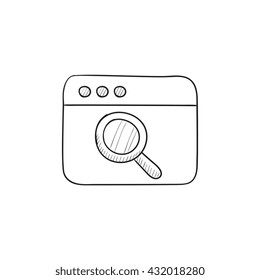 Ventana del navegador con el icono de dibujo vectorial de cristal de aumento aislado en el fondo. Ventana del navegador dibujada a mano con el icono de la lupa. Icono de esbozo de la ventana del navegador para infografía, sitio web o aplicación.