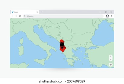 Ventana del navegador con mapa de Albania, buscando en Albania en internet. Plantilla moderna de la ventana del explorador.