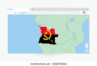 Browser window with map of Angola, searching  Angola in internet. Modern browser window template.