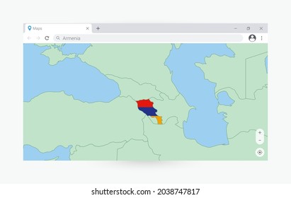 Ventana del navegador con mapa de Armenia, buscando en Armenia en internet. Plantilla moderna de la ventana del explorador.
