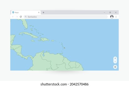 Browser window with map of Barbados, searching  Barbados in internet. Modern browser window template.