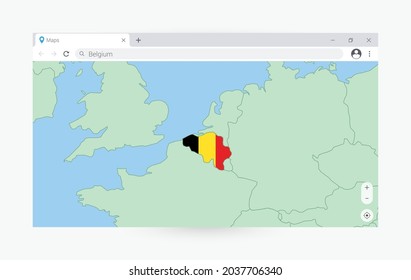 Browser-Fenster mit Karte von Belgien, Suche Belgien im Internet. Moderne Browserfenster-Vorlage.