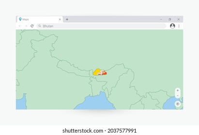 Browser window with map of Bhutan, searching  Bhutan in internet. Modern browser window template.