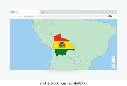 Ventana de navegador con mapa de Bolivia, buscando a Bolivia en internet. Plantilla moderna de la ventana del explorador.