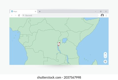 Browser window with map of Burundi, searching  Burundi in internet. Modern browser window template.