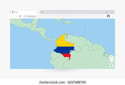 Browser window with map of Colombia, searching  Colombia in internet. Modern browser window template.