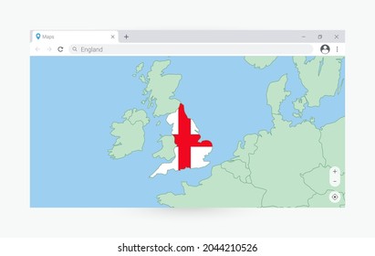 Browser window with map of England, searching  England in internet. Modern browser window template.
