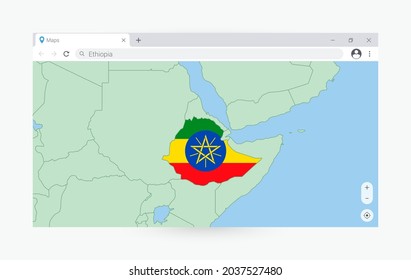 Browser window with map of Ethiopia, searching  Ethiopia in internet. Modern browser window template.