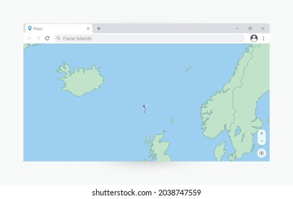 Browser window with map of Faroe Islands, searching  Faroe Islands in internet. Modern browser window template.