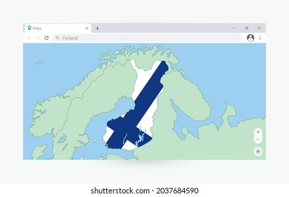 Browser window with map of Finland, searching  Finland in internet. Modern browser window template.