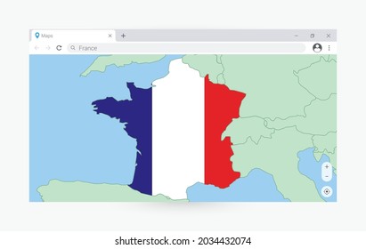 Ventana de navegador con mapa de Francia, buscando en Francia en internet. Plantilla moderna de la ventana del explorador.