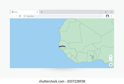 Browser window with map of Gambia, searching  Gambia in internet. Modern browser window template.