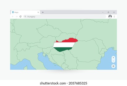 Browser window with map of Hungary, searching  Hungary in internet. Modern browser window template.