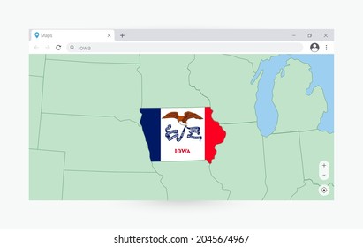 Browser window with map of Iowa, searching  Iowa in internet. Modern browser window template.