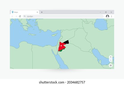 Ventana del navegador con mapa de Jordania, buscando a Jordania en internet. Plantilla moderna de la ventana del explorador.