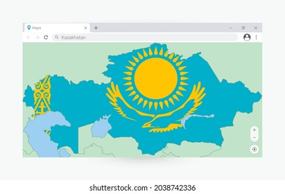 Browser-Fenster mit Karte von Kasachstan, Suche Kasachstan im Internet. Moderne Browserfenster-Vorlage.