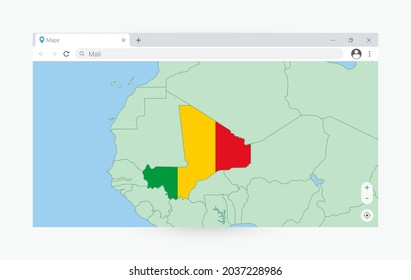 Browser window with map of Mali, searching  Mali in internet. Modern browser window template.