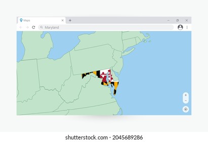 Browser window with map of Maryland, searching  Maryland in internet. Modern browser window template.