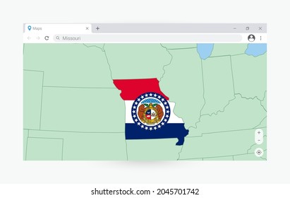 Browser window with map of Missouri, searching  Missouri in internet. Modern browser window template.