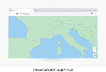 Browser window with map of Monaco, searching  Monaco in internet. Modern browser window template.