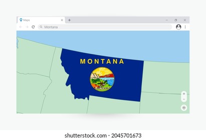 Browser window with map of Montana, searching  Montana in internet. Modern browser window template.