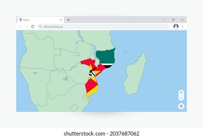 Ventana del navegador con mapa de Mozambique, buscando en Mozambique en internet. Plantilla moderna de la ventana del explorador.
