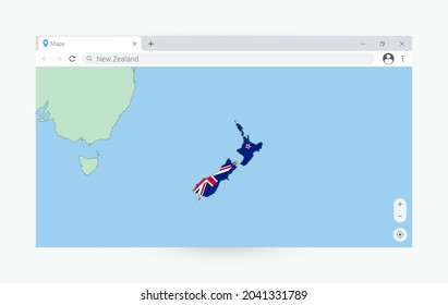 Browser window with map of New Zealand, searching  New Zealand in internet. Modern browser window template.