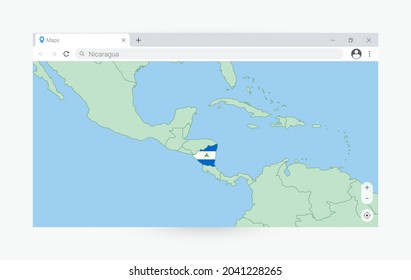 Browser window with map of Nicaragua, searching  Nicaragua in internet. Modern browser window template.