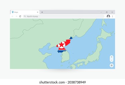 Browser window with map of North Korea, searching  North Korea in internet. Modern browser window template.