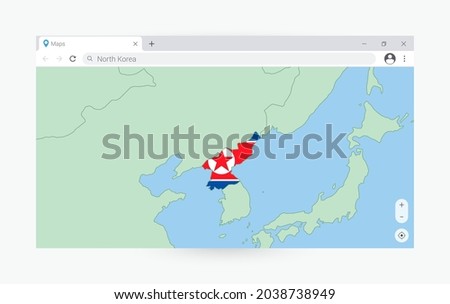 Browser window with map of North Korea, searching  North Korea in internet. Modern browser window template.