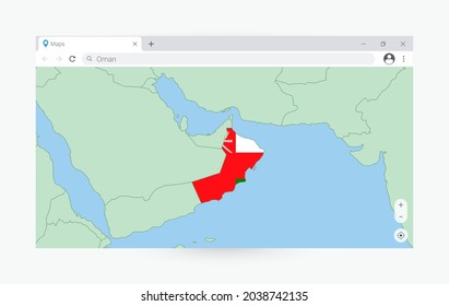 Browser window with map of Oman, searching  Oman in internet. Modern browser window template.