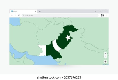 Browser window with map of Pakistan, searching  Pakistan in internet. Modern browser window template.